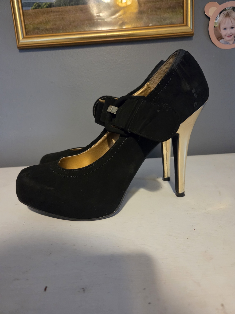 Madeline Black Suede Mary Jane Pumps with Gold Stiletto Heel